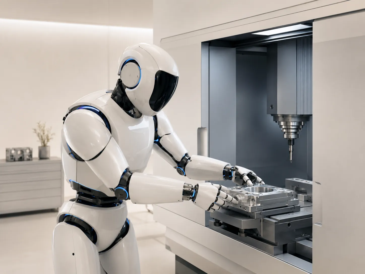 Cobot belaadt een machine in een productiehal