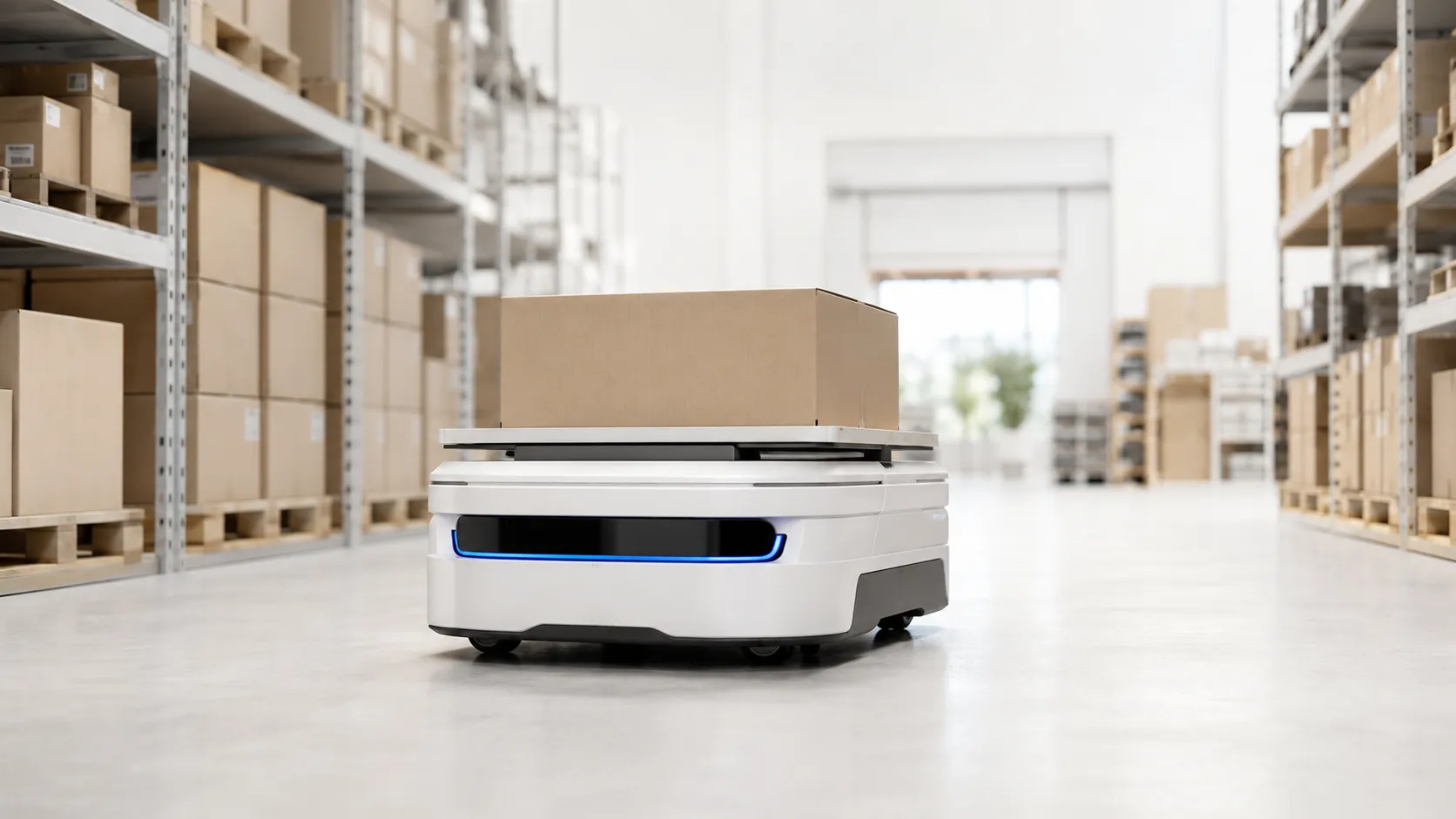 Autonome mobiele robot rijdt door een gangpad in een distributiecentrum